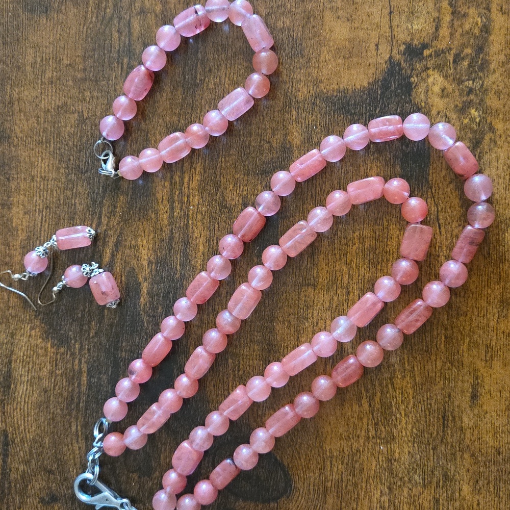 3pc Rare Strawberry Quartz Necklace, Earrings, and Bracelet Set